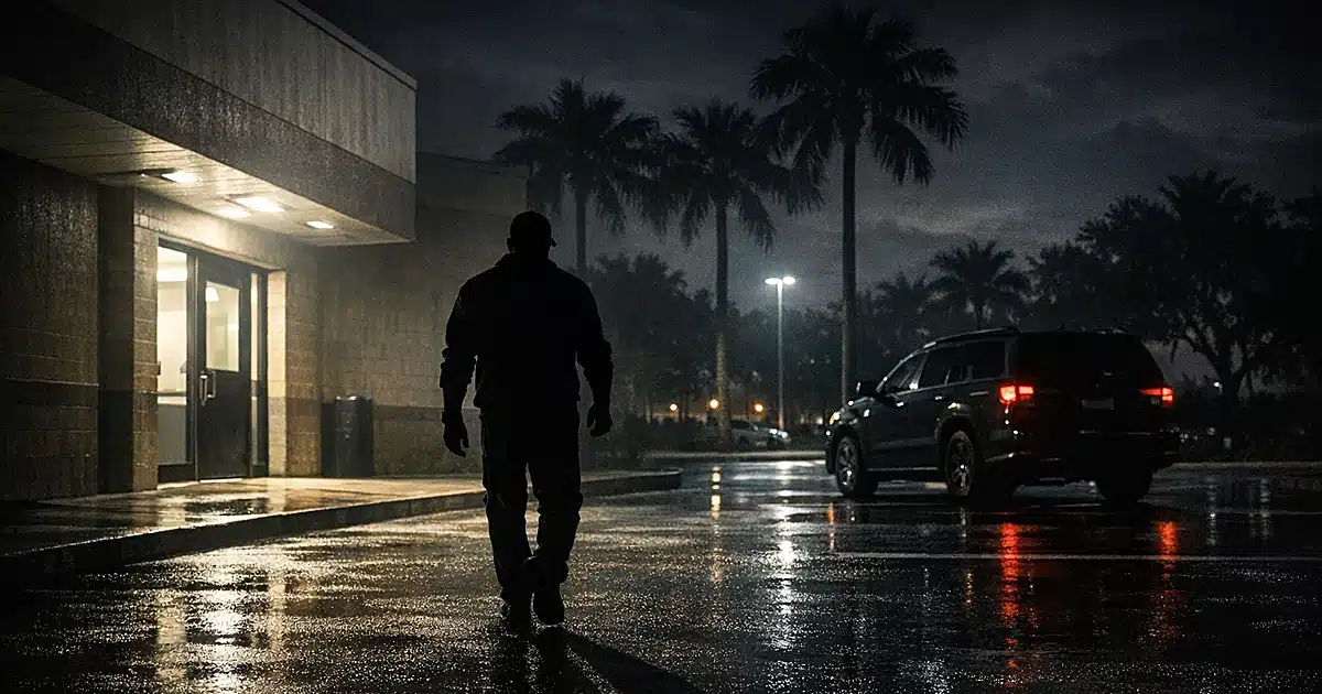 Silhouetted figure leaving illuminated jail entrance at night, walking toward vehicle in empty parking lot