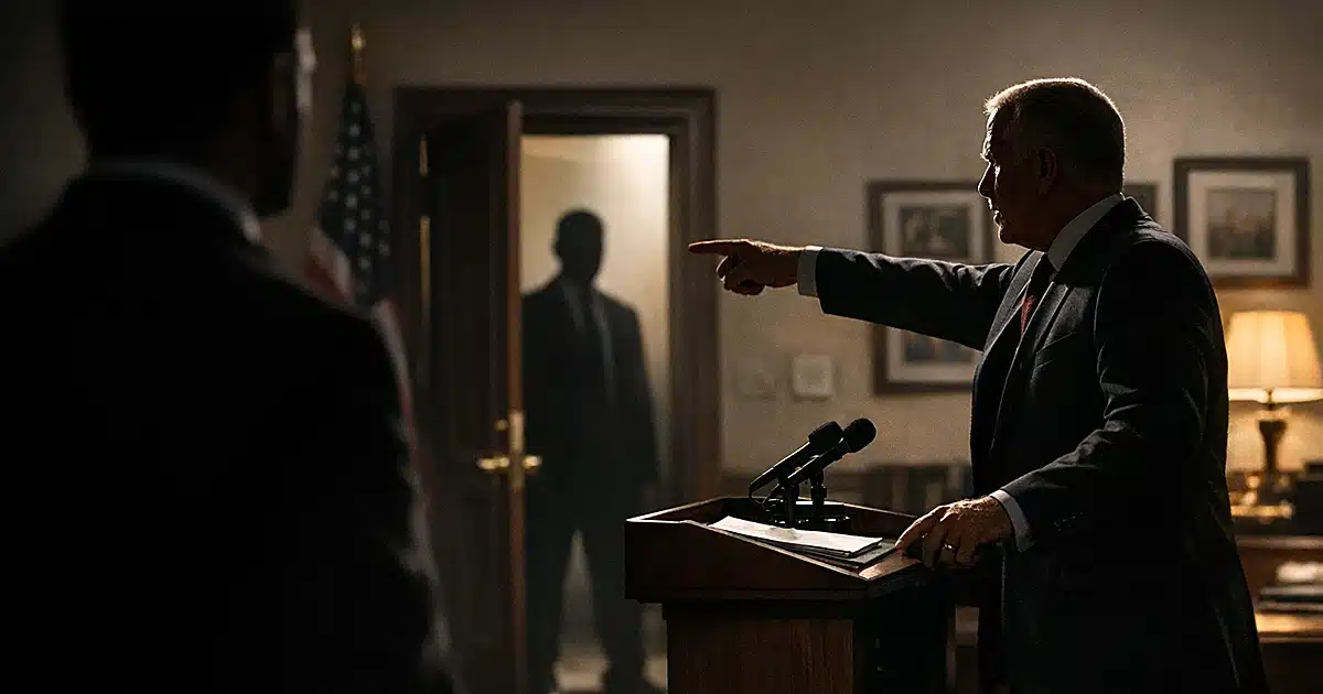 Senator pointing toward exit while silhouetted figure stands in background, depicting political confrontation