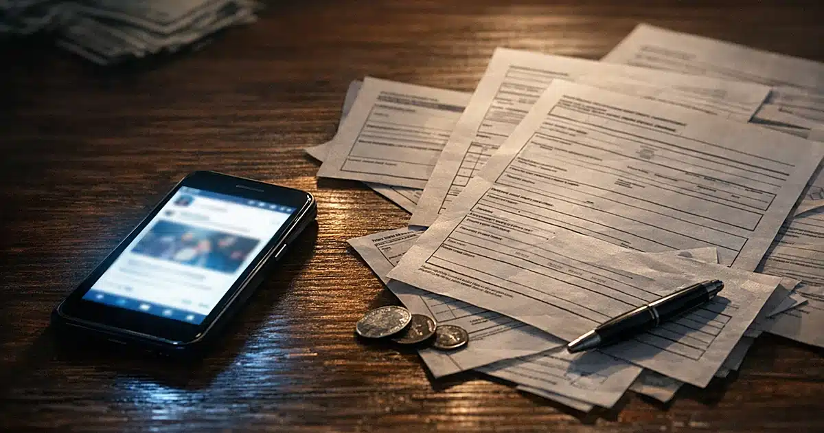 Smartphone with glowing screen on dark surface surrounded by scattered blank donation documents in dramatic lighting