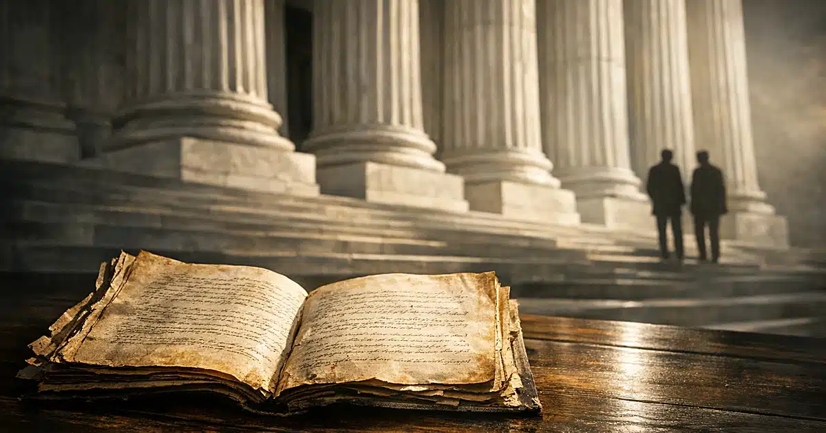 Aged 1884 legal document on wooden surface with classical courthouse columns rising in background