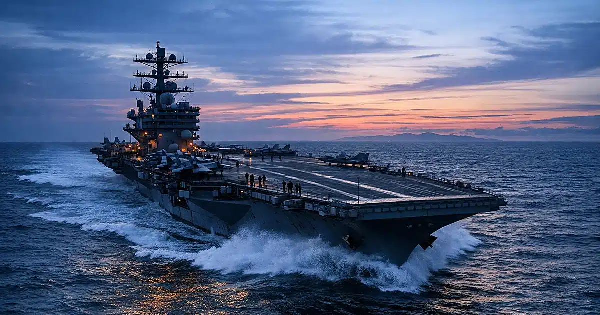 Military warship cutting through ocean waters at dusk with dramatic sky and wake spray