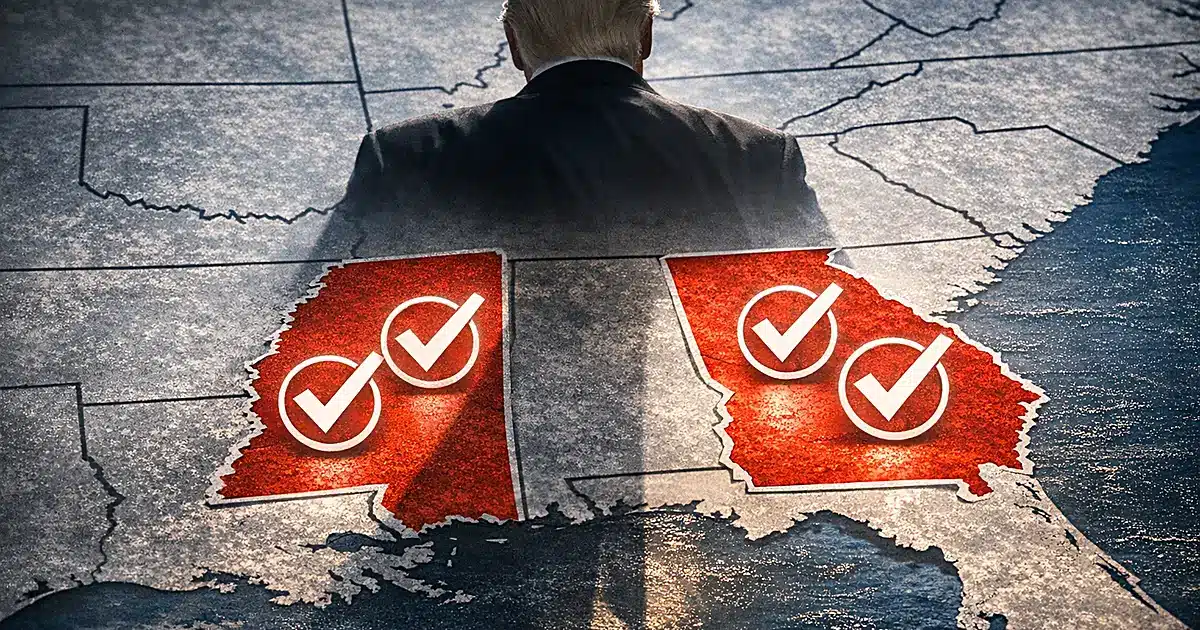 Map of Mississippi and Georgia with five checkmarks representing Trump-endorsed candidates' primary victories