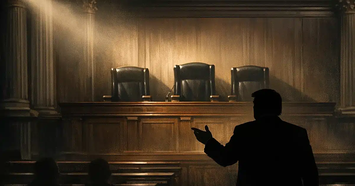 Silhouetted figure facing three empty judicial chairs in a dark courtroom with dramatic lighting