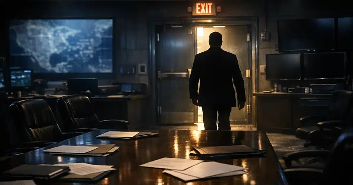 Silhouetted figure walking away from conference table toward exit in secure government operations center
