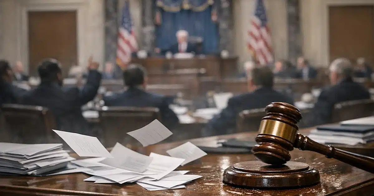 Illustration depicting legislative standoff with congressional building and voting legislation documents