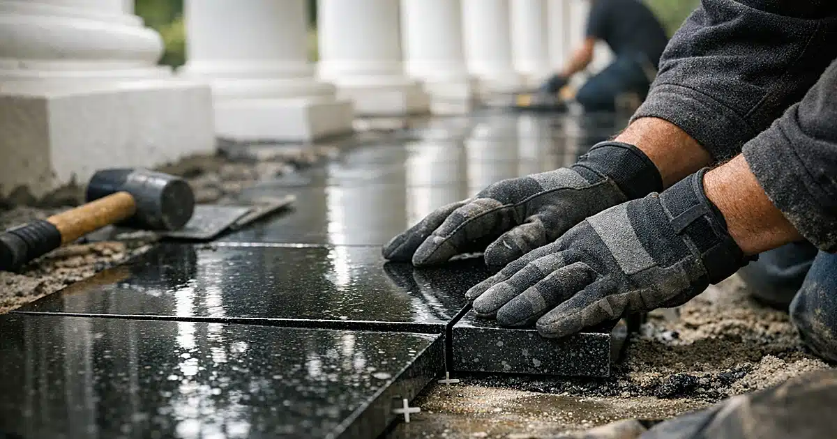 Worker installing polished black granite pavers along white colonnade with classical columns in background