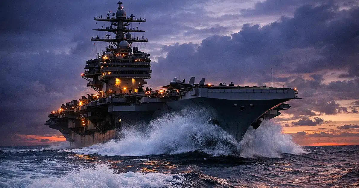 Aircraft carrier moving through ocean waters at dusk with dramatic spray and stormy sky
