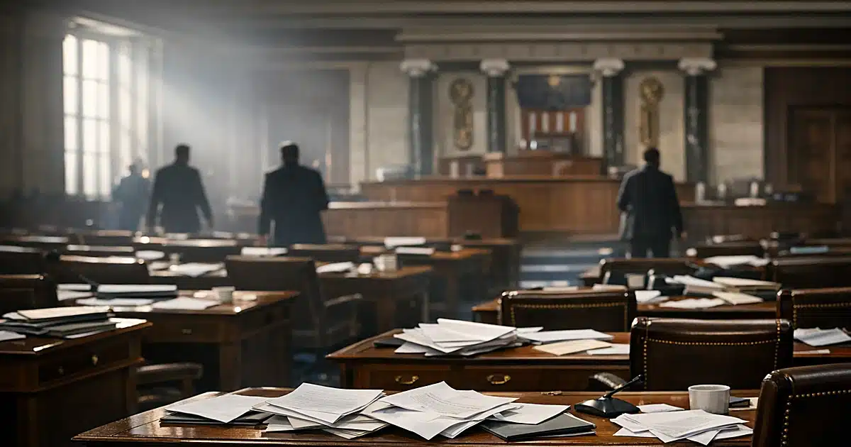 Empty legislative chamber with scattered papers on desks and silhouetted figures in background
