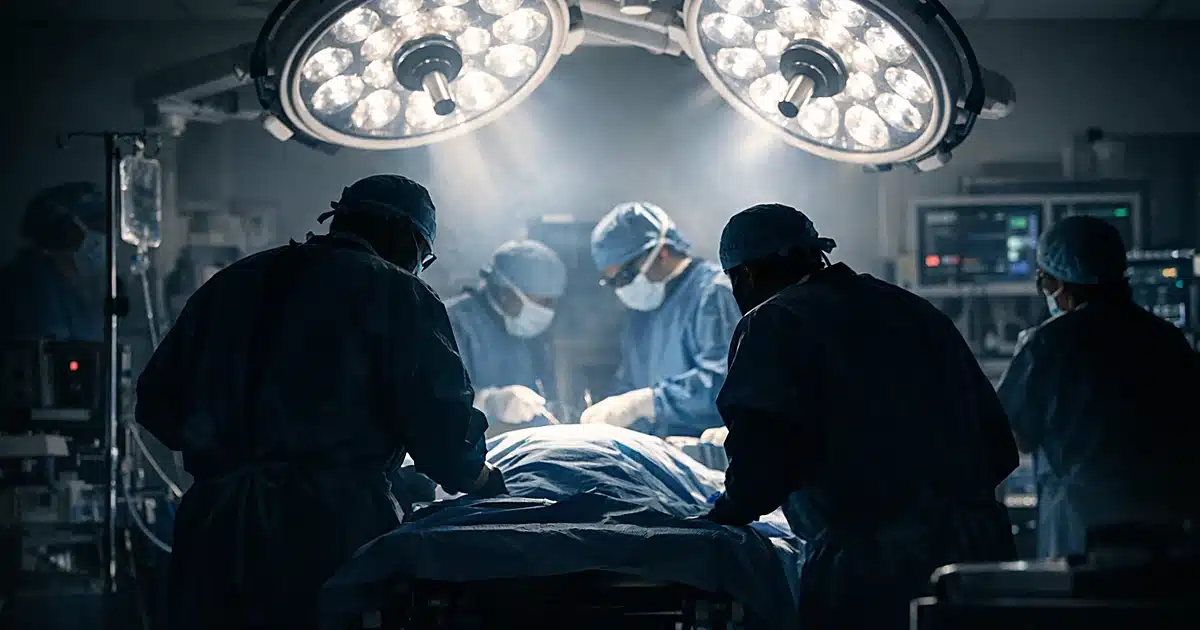 Hospital operating room with surgical lights overhead and silhouetted medical staff around operating table
