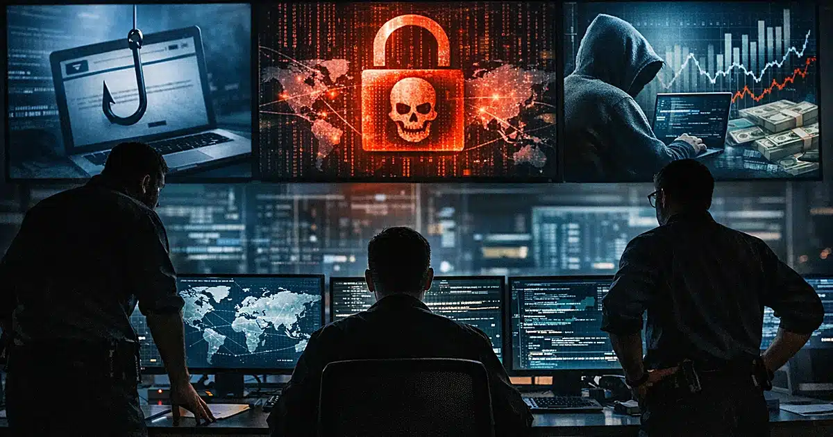 Illustration depicting digital security shields blocking cyber threats and scam networks across global connections