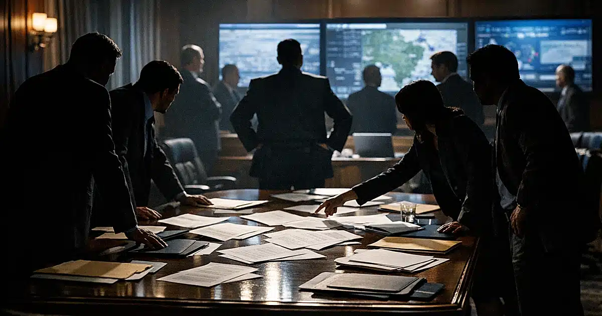 Federal task force operations room with silhouetted officials gathered around conference table with documents