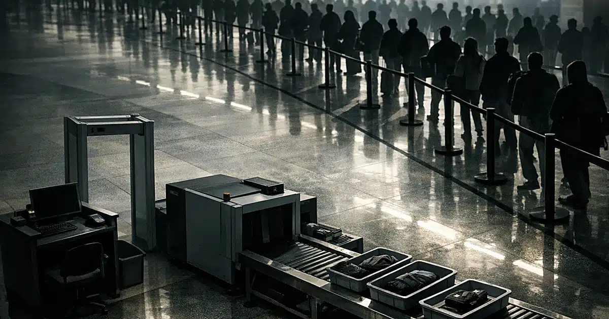 Empty TSA checkpoint with unmanned screening equipment and long lines of silhouetted travelers in airport terminal