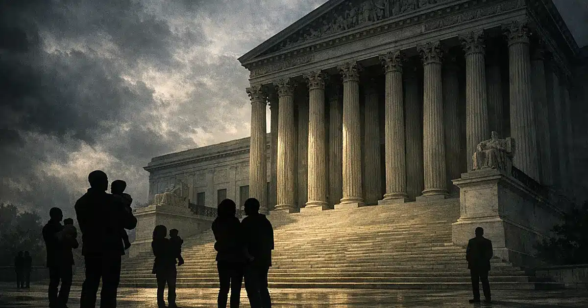 Silhouettes of people with babies stand before a shadowed courthouse under stormy skies
