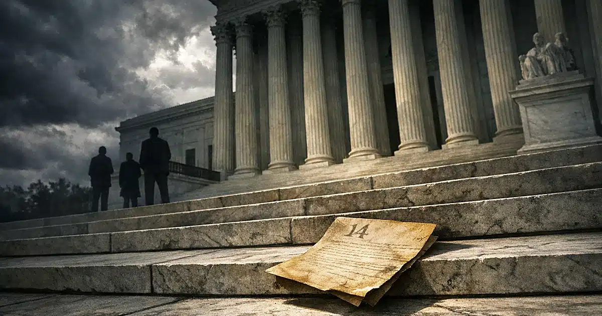 View of courthouse columns with historical document on steps under stormy sky