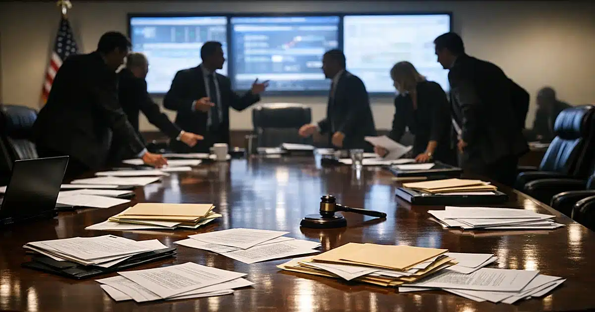 Silhouetted officials around conference table with scattered documents in government meeting room