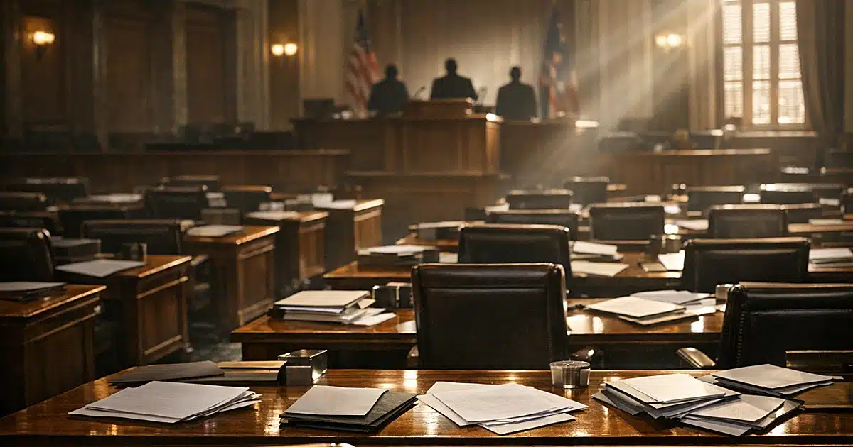 Empty legislative chamber with scattered papers on desks, sunlight streaming through tall windows