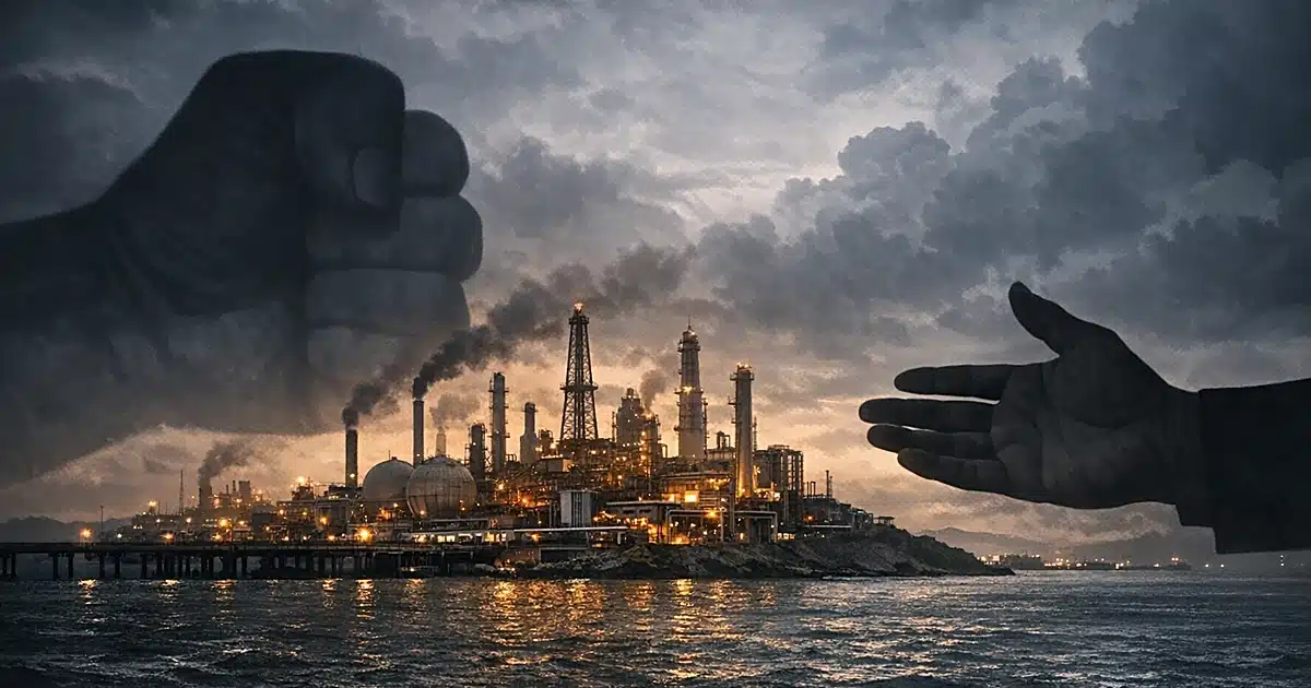 Shadow of fist looming over coastal oil facility with extended palm, representing diplomatic threat and negotiation