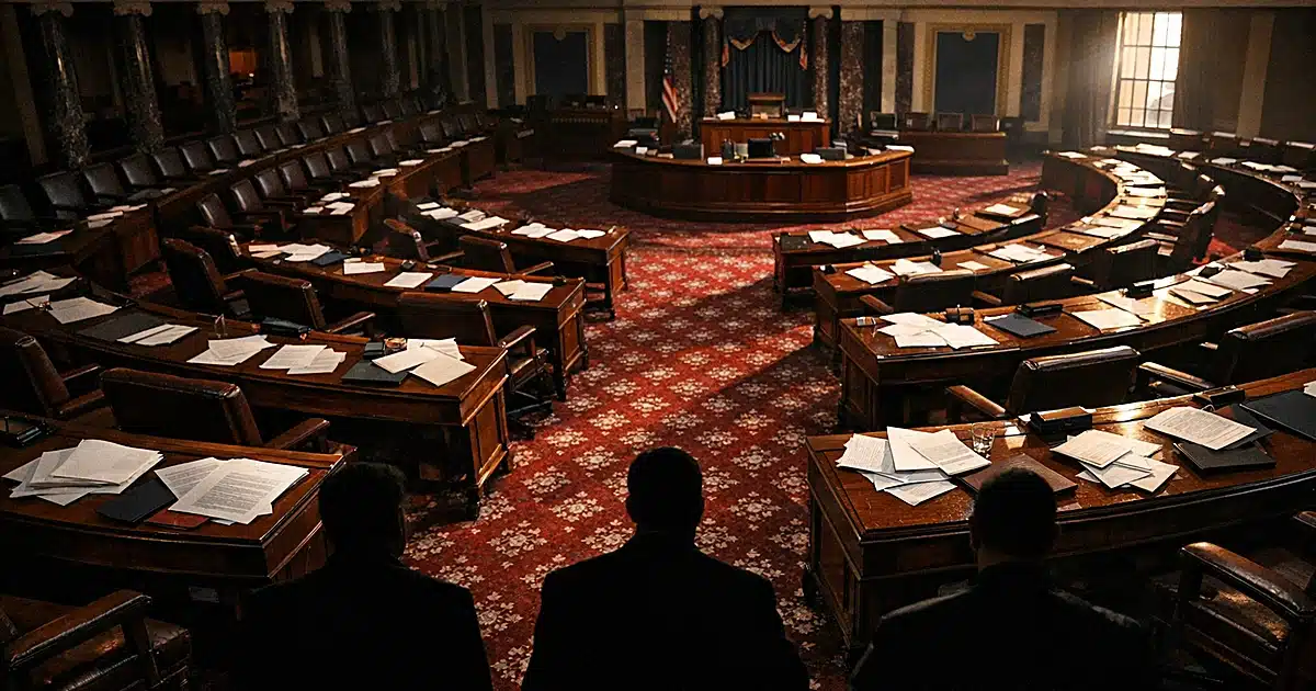 Empty Senate chamber with scattered papers on desks after a contentious confirmation vote