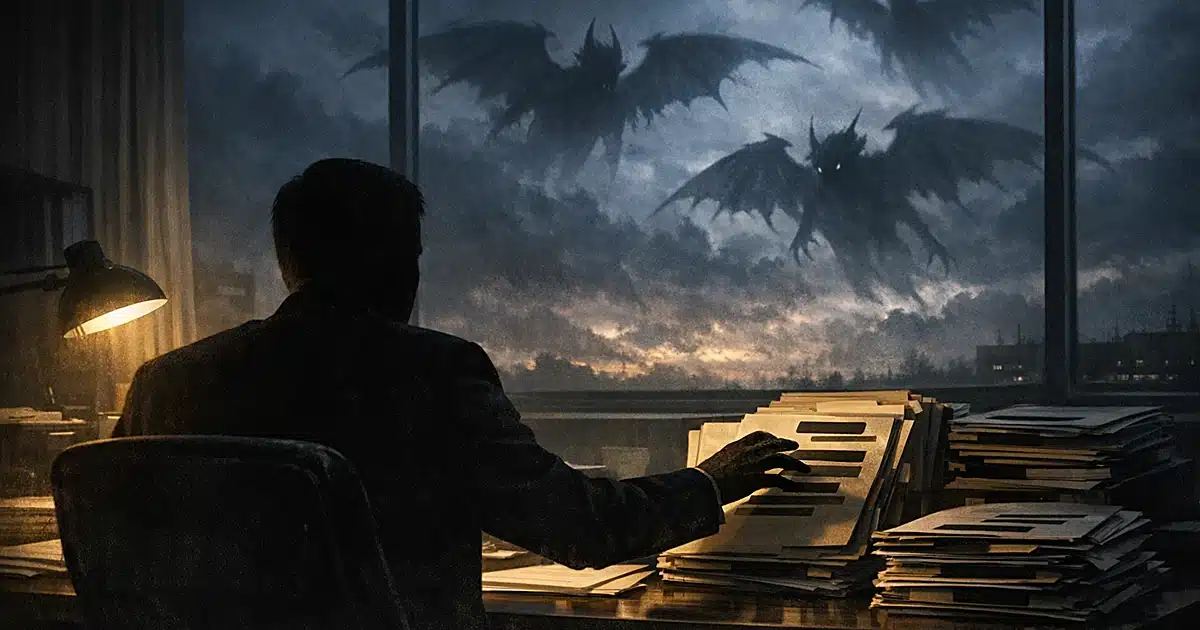Silhouetted figure at desk with classified files, shadowy winged forms visible through window in dark sky