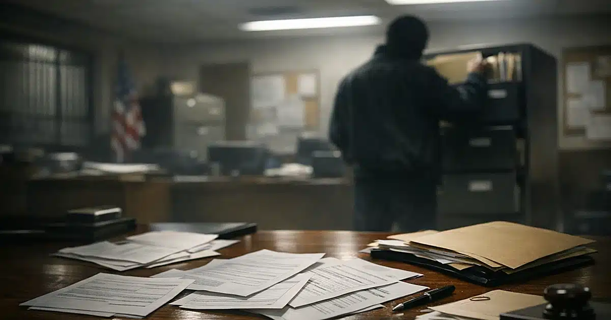 Immigration office desk with scattered documents and silhouetted figure at filing cabinet in background