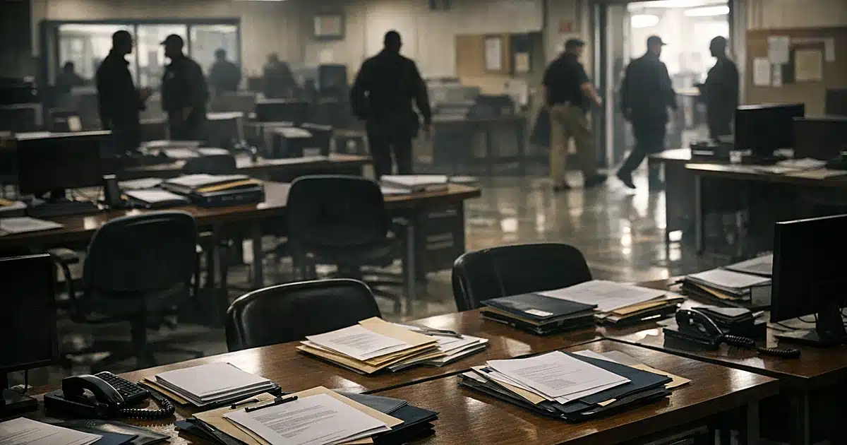 Interior of federal immigration processing facility with desks covered in documents and silhouetted officials