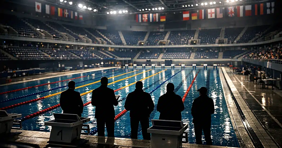 Empty Olympic swimming pool with officials standing along deck under stadium lights