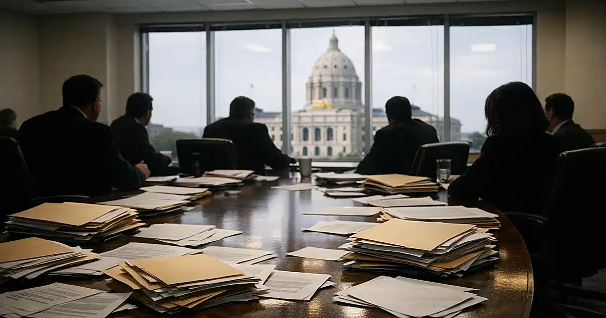Government conference room with silhouetted officials around table covered in scattered documents and folders