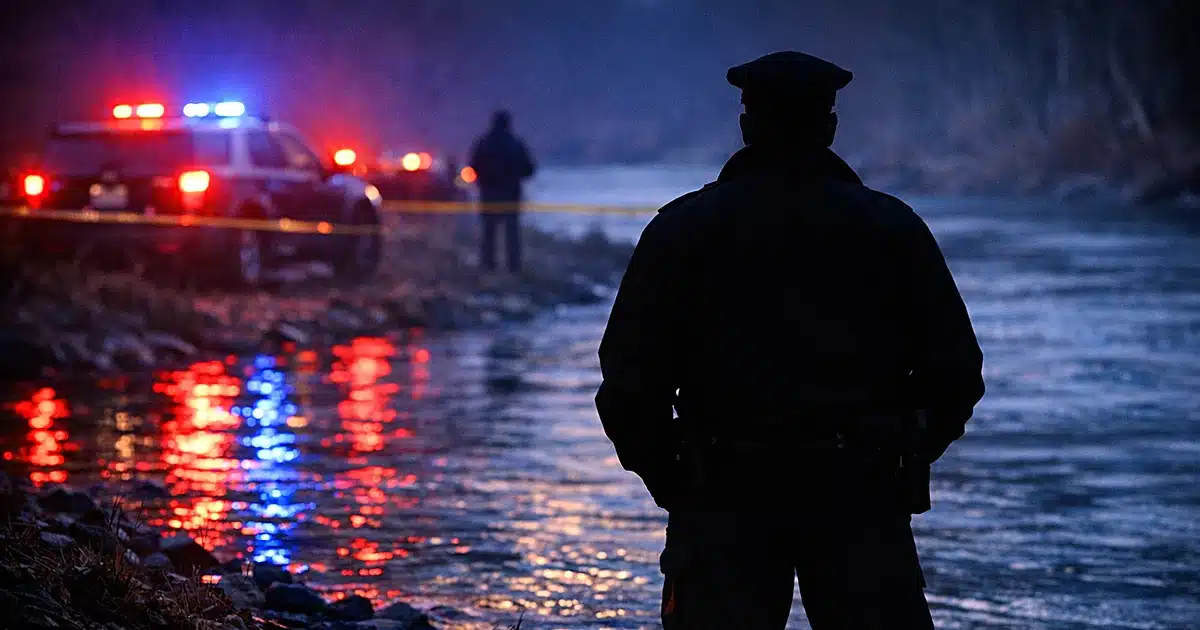 Silhouetted law enforcement officer at riverbank with emergency lights reflecting on water at dusk