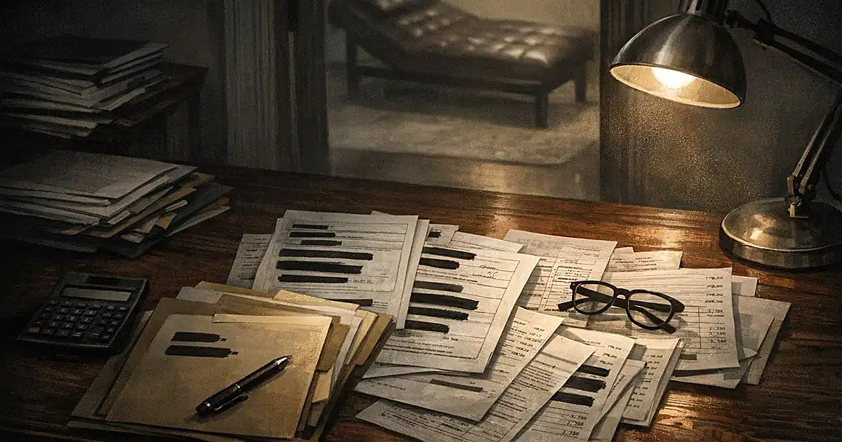 Overhead view of desk with financial documents, calculator, and psychiatrist's couch visible through doorway