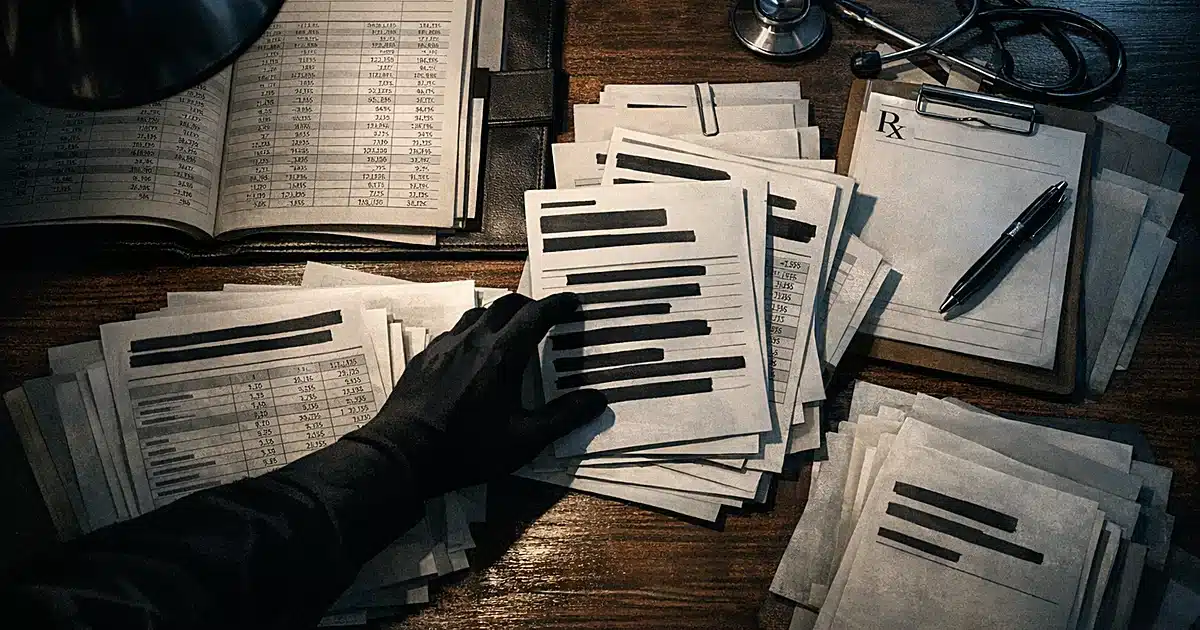 Overhead view of desk with financial documents, prescription pad, and shadowy hand moving papers under dim lighting