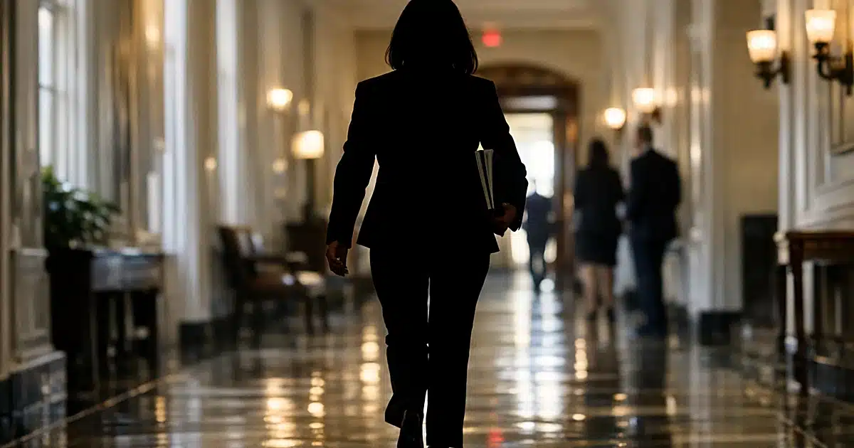 Silhouetted professional figure walking through sunlit White House corridor carrying documents