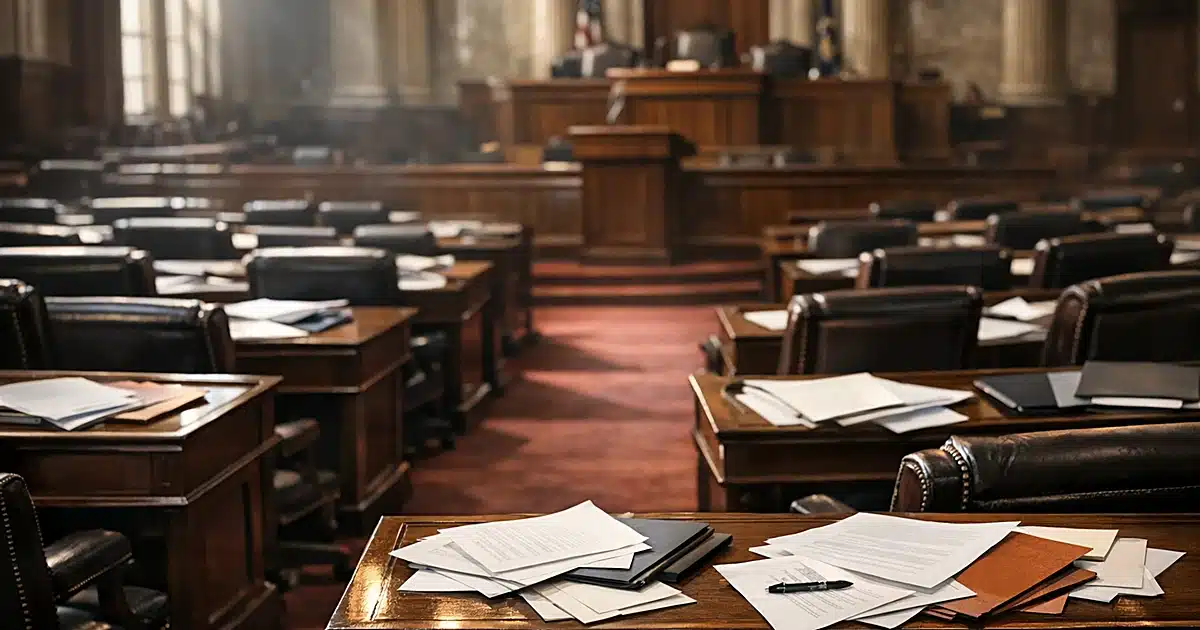Empty legislative chamber with scattered papers on desks, dramatic side lighting through tall windows