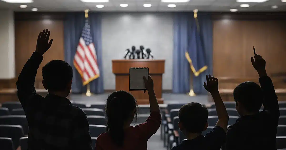 Children silhouettes facing empty press briefing podium with microphones in Capitol-style room