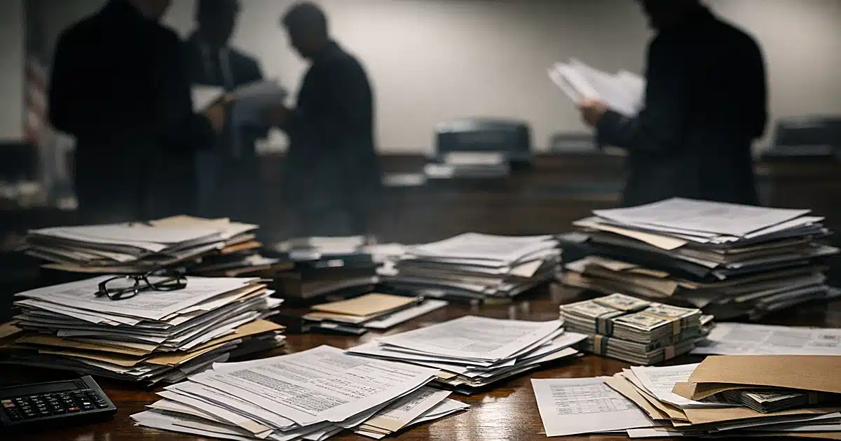 Evidence table with financial documents and silhouetted federal prosecutors reviewing case files in background