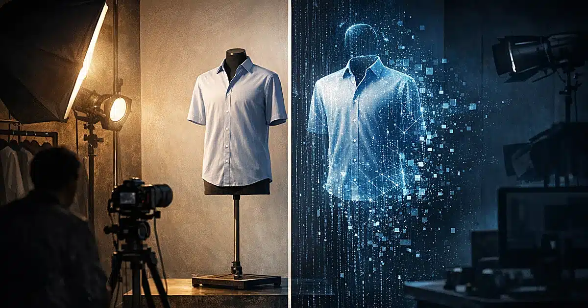 Split scene showing physical mannequin in studio on left, AI-generated holographic figure dissolving into particles on right