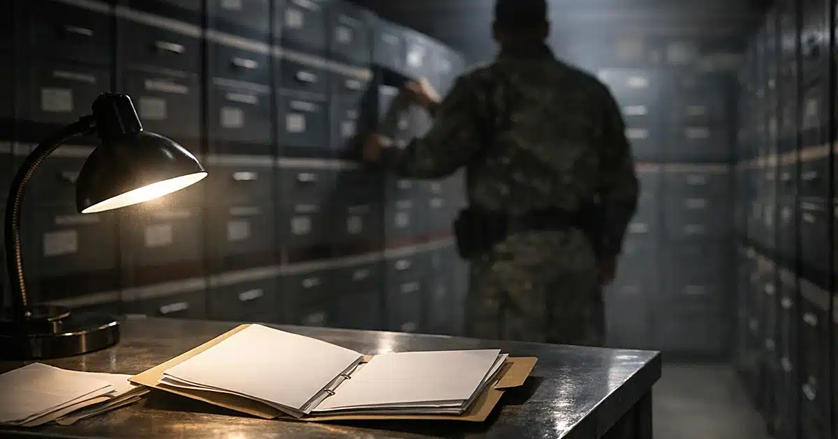 Military records room with open classified folder on desk and silhouetted figure accessing file cabinets