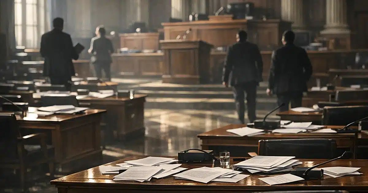 Empty legislative chamber with scattered papers on desks and silhouetted figures moving through aisles