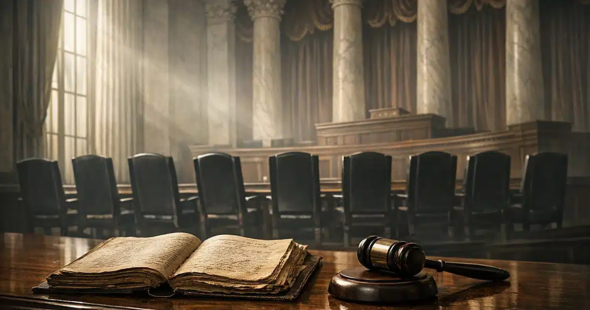 Empty Supreme Court bench silhouettes with historical document and gavel in foreground, marble columns behind