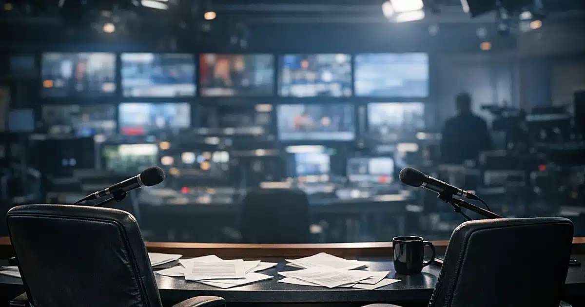 Empty broadcast studio desk with scattered papers and microphone, lit by studio equipment glow