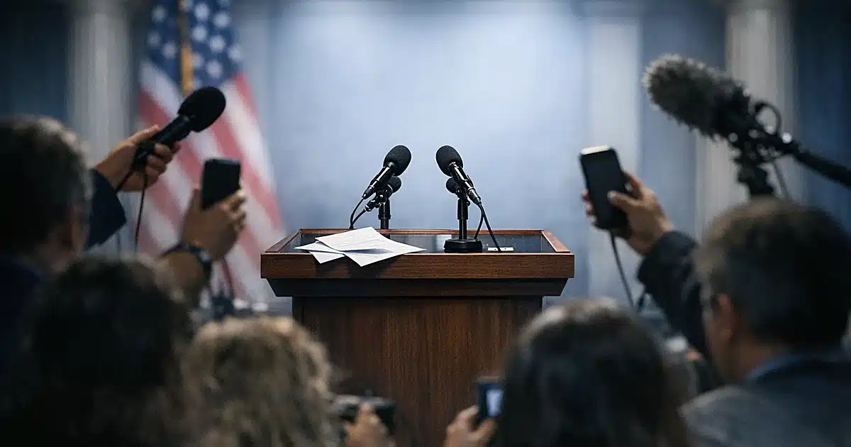 Empty podium in press briefing room with silhouetted reporters holding microphones toward vacant speaking position