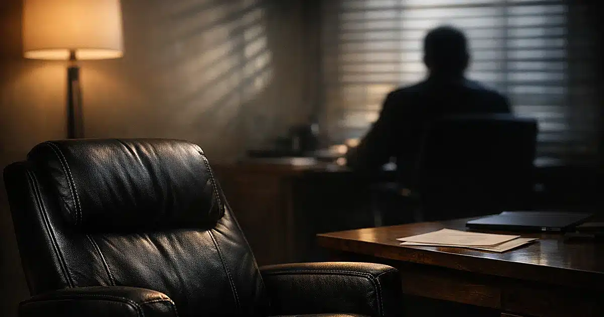 Empty leather therapy chair in dimly lit psychiatrist office with figure silhouetted at desk in background