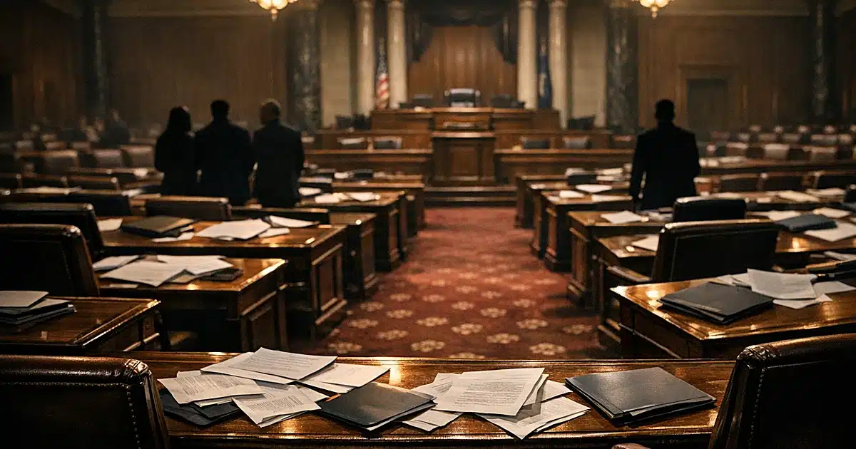Empty legislative chamber with scattered papers on desks, dramatic overhead lighting creating shadows across burgundy carpet