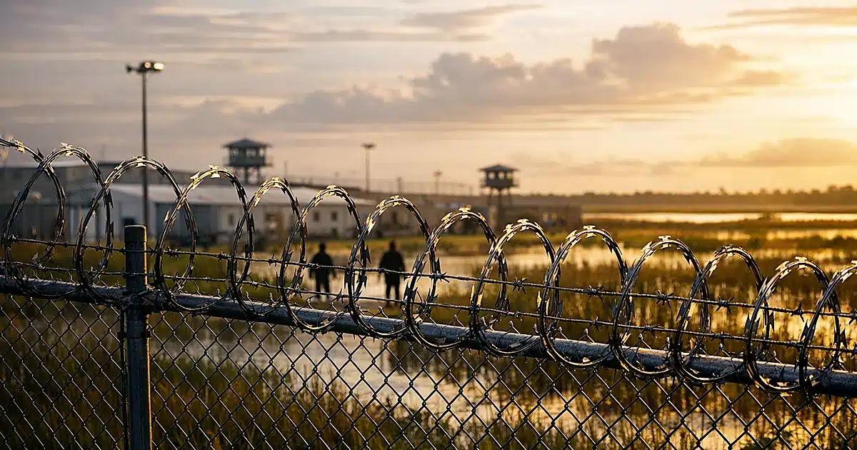 Chain-link fence with barbed wire stretching across Everglades wetland at golden hour