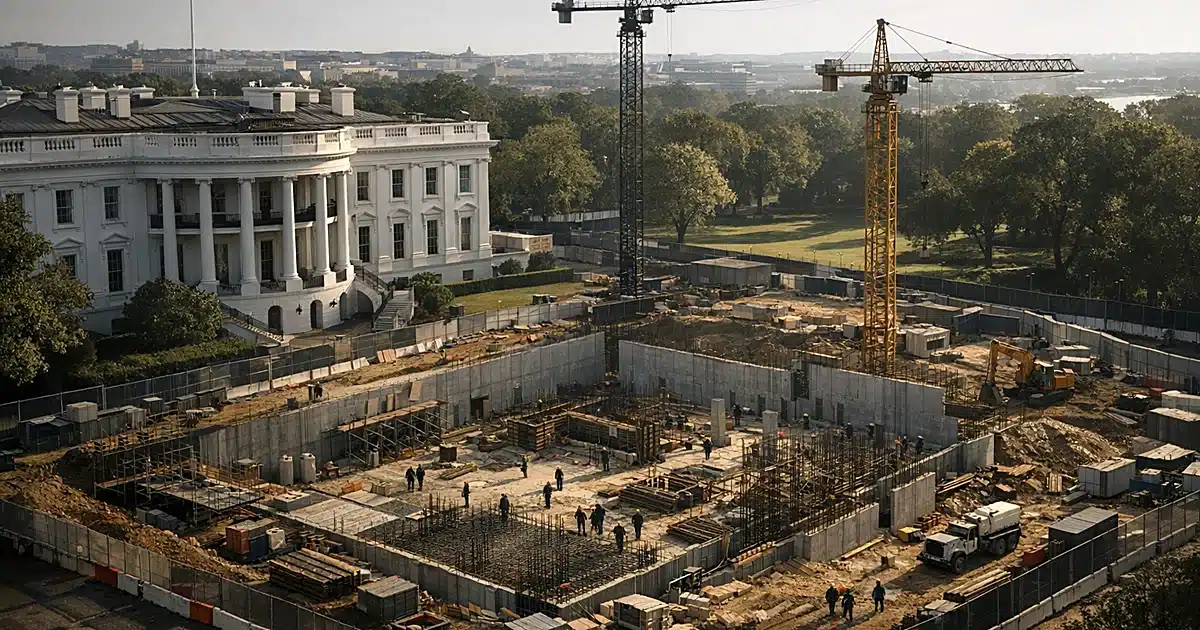 Aerial view of construction site with cranes and scaffolding next to white government building showing ballroom addition