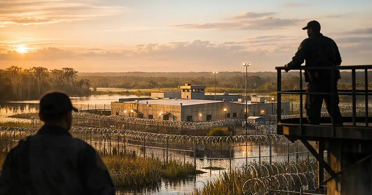 Remote detention facility building surrounded by Florida Everglades wetlands and sawgrass marshes at sunset