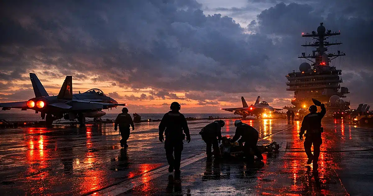 Aircraft carrier deck at dusk with silhouetted crew members and storm clouds gathering over distant ocean waters