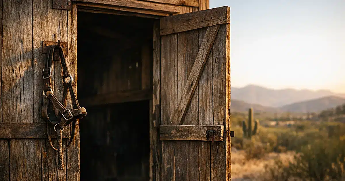 Weathered stable door ajar with horse halter hanging on exterior wall in Arizona desert landscape