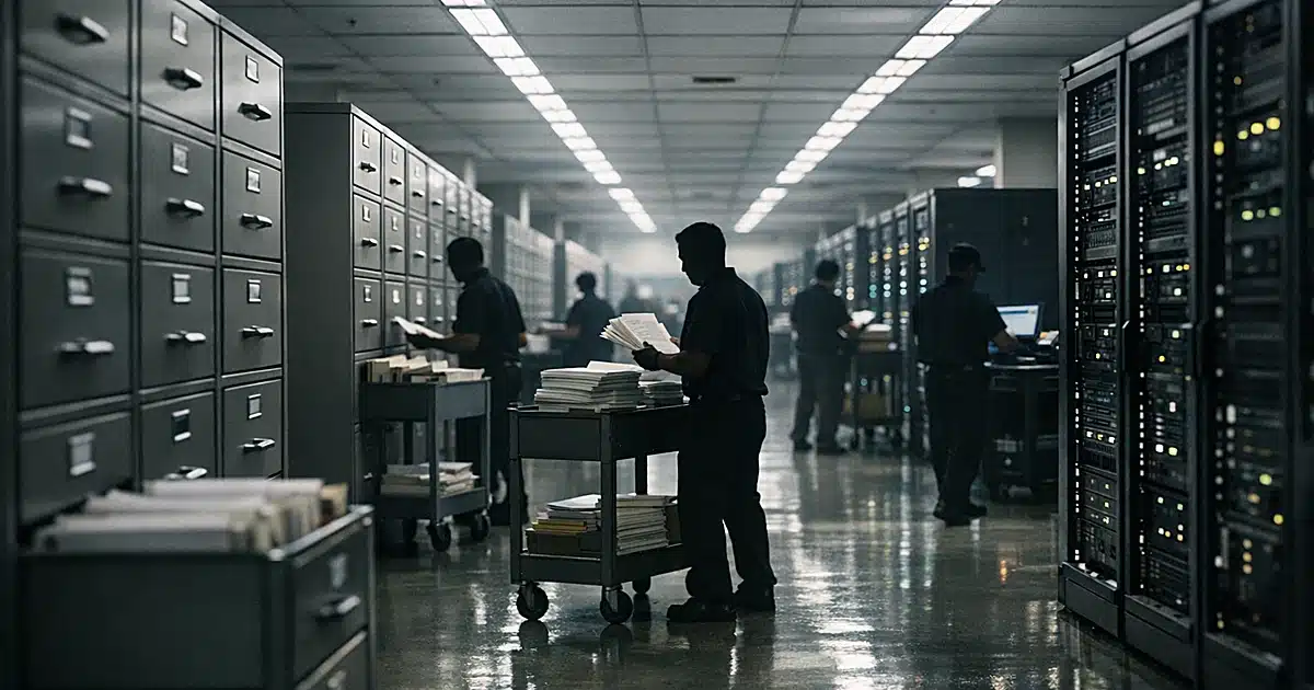 Federal records facility with rows of filing cabinets and silhouetted workers processing documents