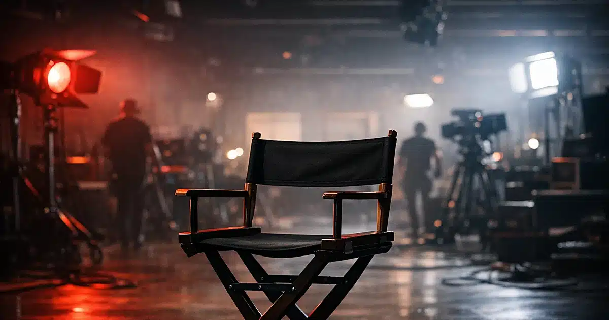 Empty director's chair on film production studio set with dramatic lighting and crew silhouettes in background