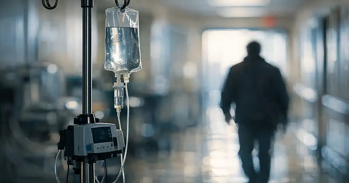 IV pole with tubing in hospital corridor with morning light casting shadows across floor